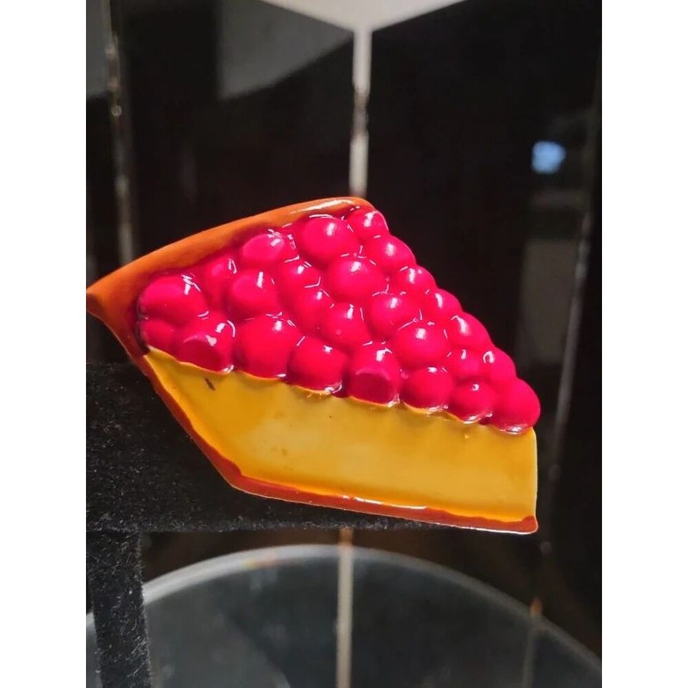 Vintage JJ Jonette Jewelry Enamel Cherry Berry Pie Slice Pin Brooch